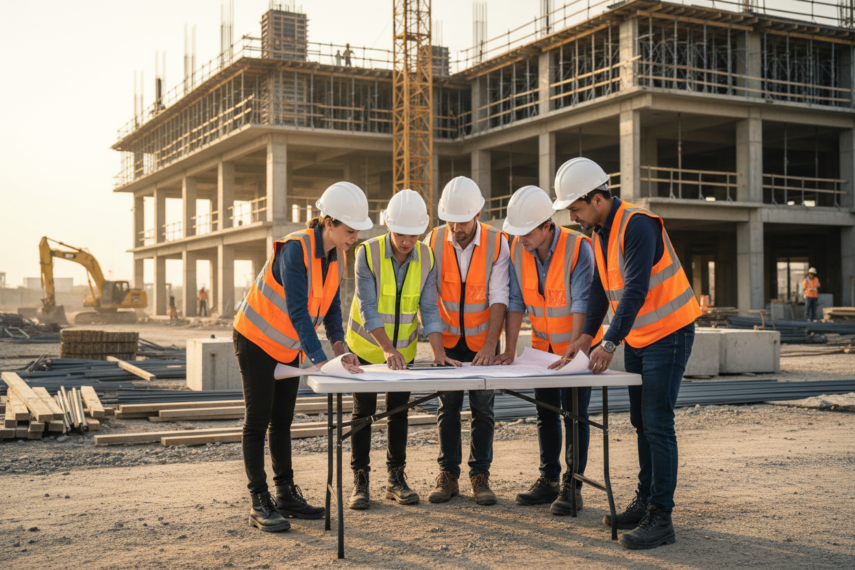 fammi un immagine realstica di un cantiere con degli ingegneri che guardando i progetti